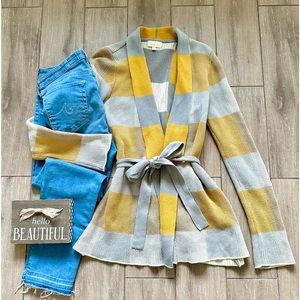 Modcloth Plaid Wrap Sweater Cardigan Belted Yellow Gray Shawl Collar Siz…